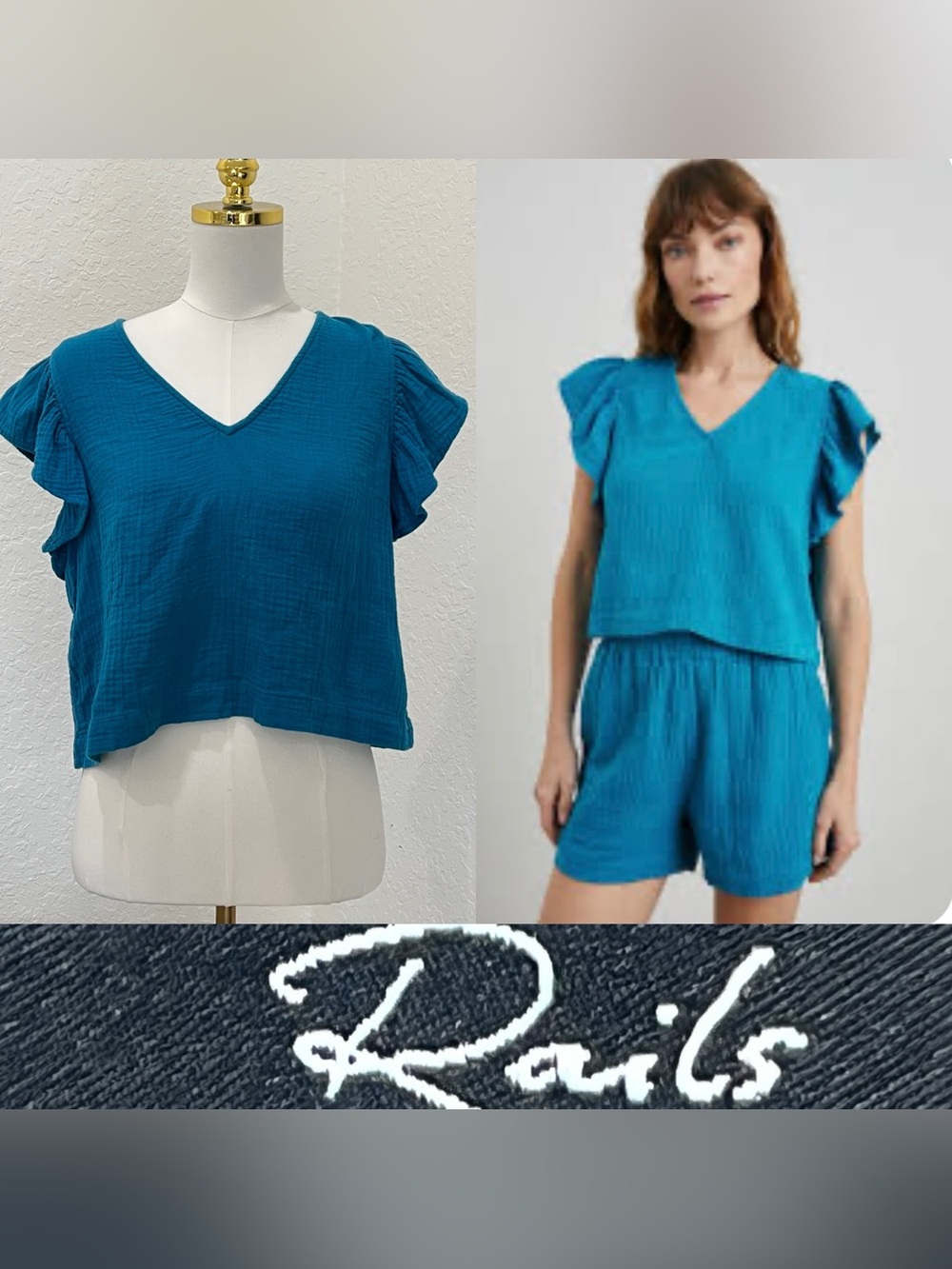 Rails Teal V-Neck Ruffled Sleeve Crop Top